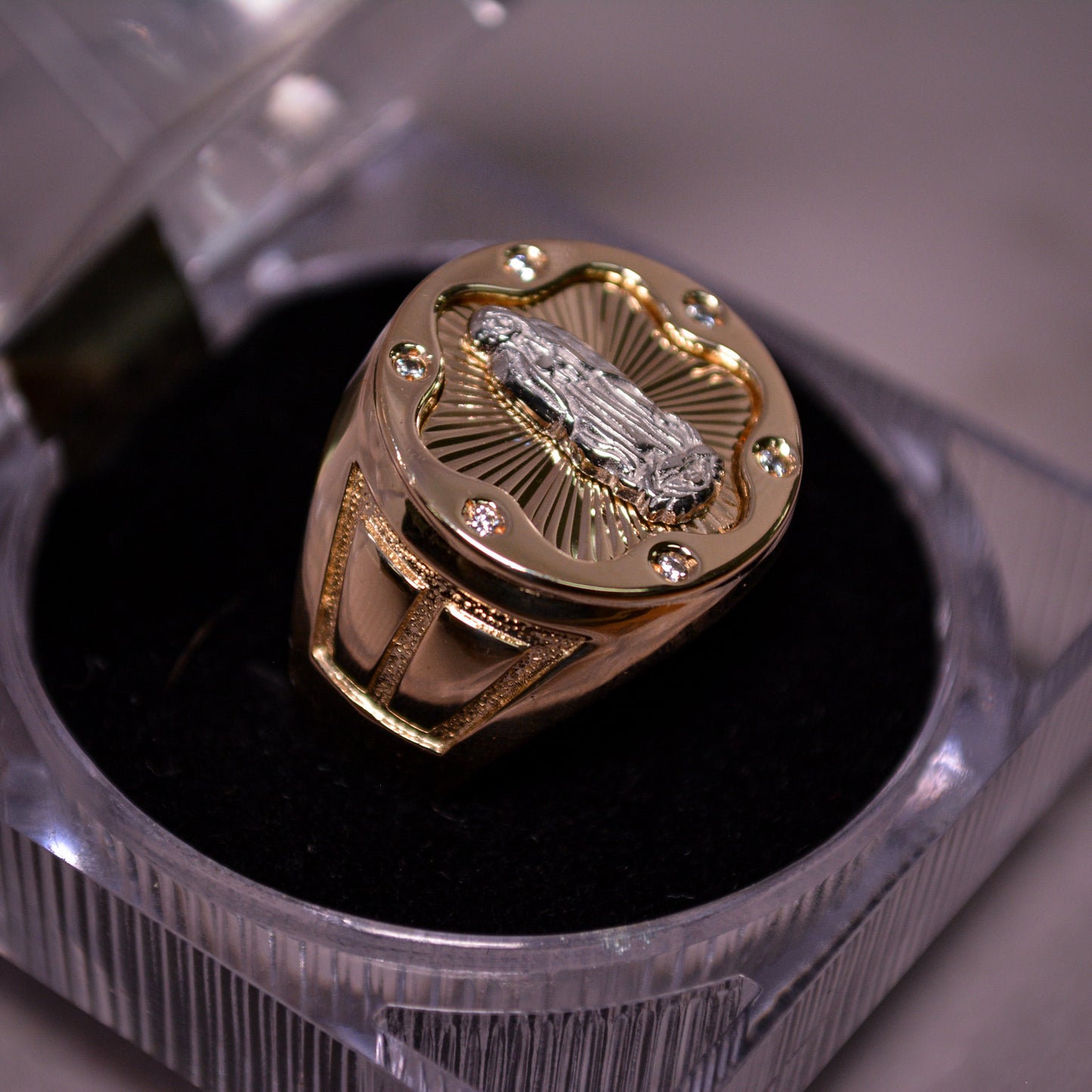 14K Two-Tone Gold Virgin Mary Ring with CZ Accents-Size 10-A21
