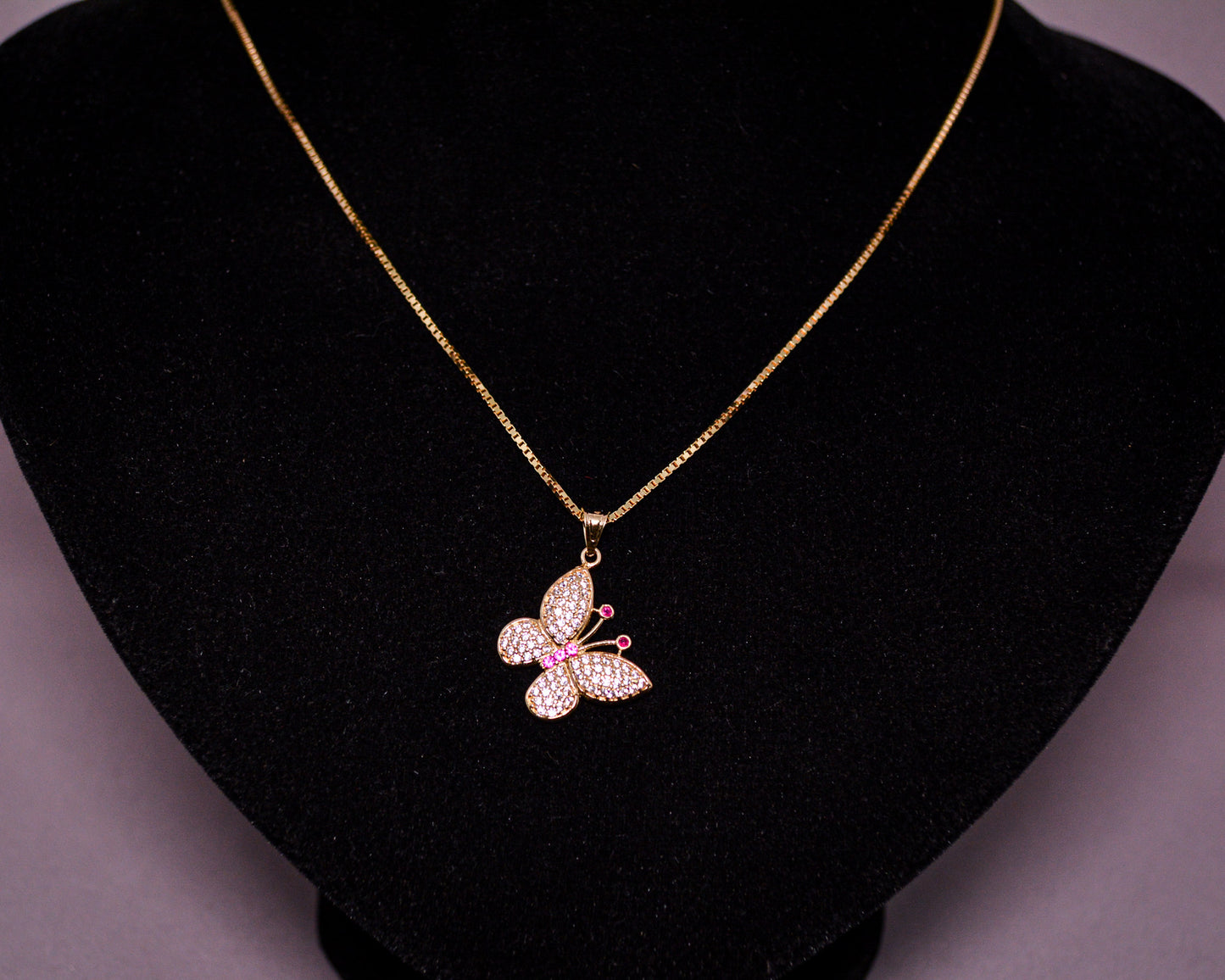 14K Gold Butterfly Pendant with Pink CZ Accents-D204