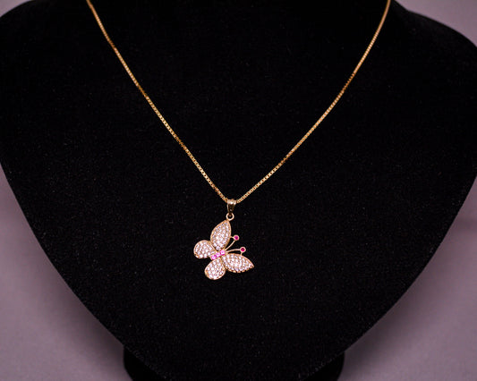 14K Gold Butterfly Pendant with Pink CZ Accents-D204