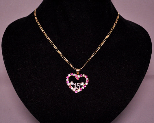 14K Gold “15” Heart Pendant with Pink & White CZ Stones -D202