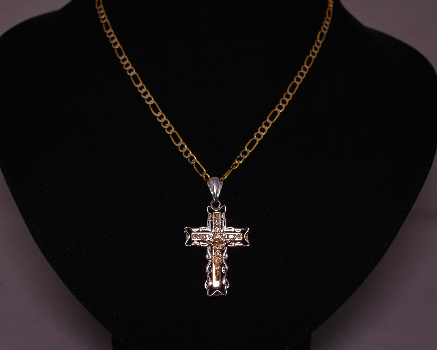 14K Two-Tone Gold Crucifix Pendant with CZ Accents-D221