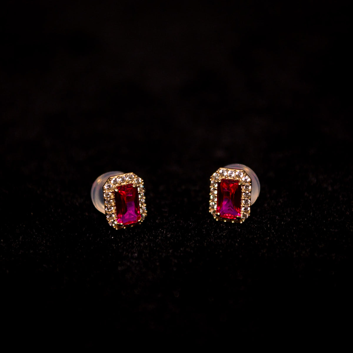 14K Gold Rectangular Pink Stone Stud Earrings with CZ Halo – AY82