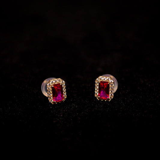 14K Gold Rectangular Pink Stone Stud Earrings with CZ Halo – AY82