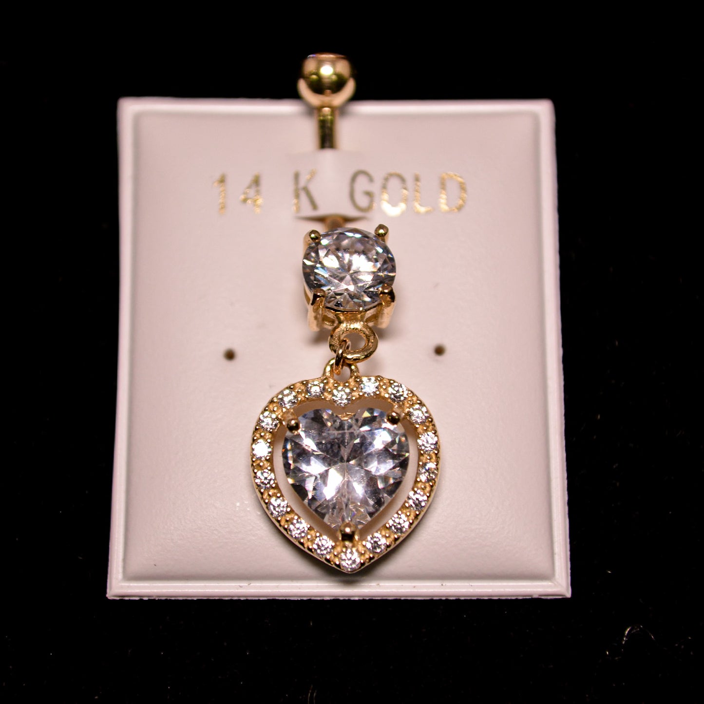 14K Gold Heart Drop Belly Ring – V26