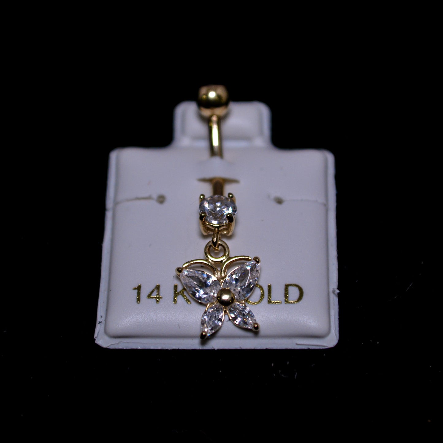 14K Gold Butterfly Drop Belly Ring – V25