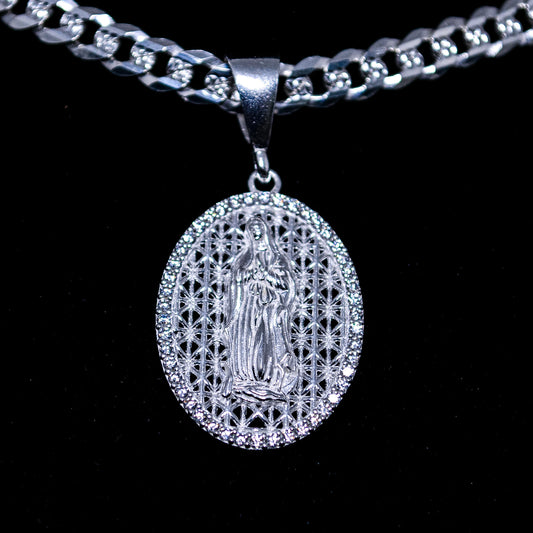 Silver Virgin Mary CZ Medallion Pendant – 5.6g | D164