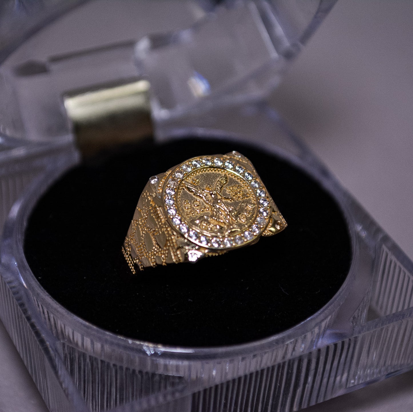 14K Gold Centenario Nugget Ring with CZ Halo-Size 10-A253