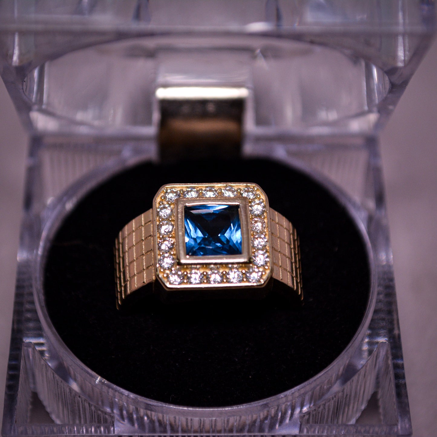 14K Gold Square Blue Stone Ring with CZ Halo-Size 10-A3