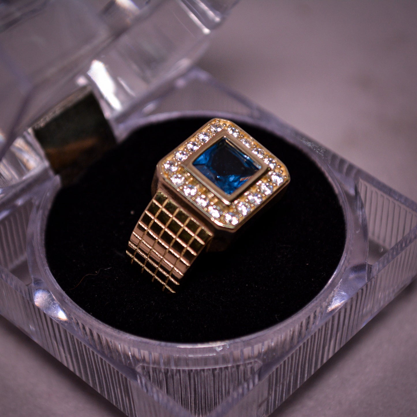 14K Gold Square Blue Stone Ring with CZ Halo-Size 10-A3