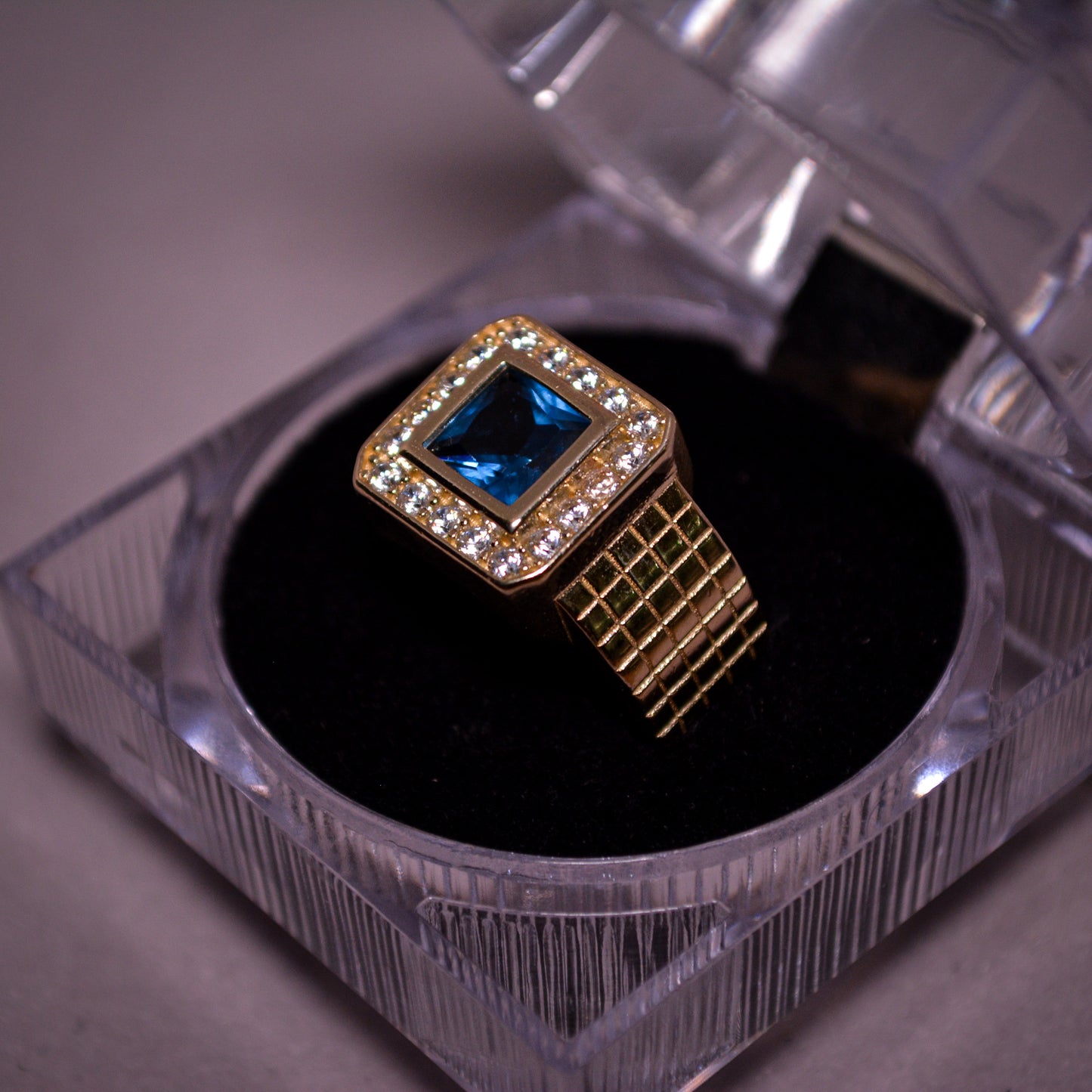 14K Gold Square Blue Stone Ring with CZ Halo-Size 10-A3