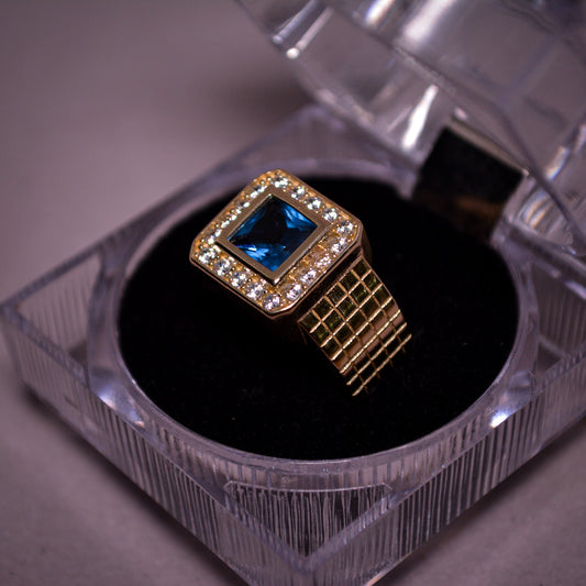 14K Gold Square Blue Stone Ring with CZ Halo-Size 10-A3