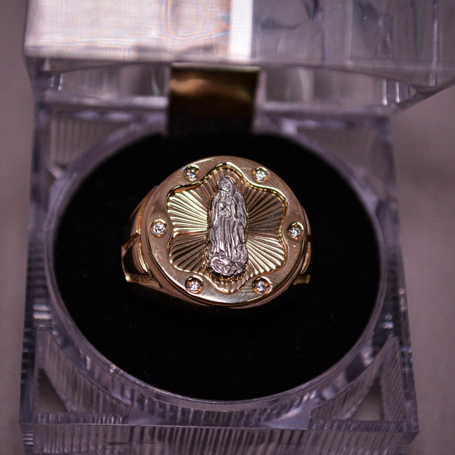 14K Two-Tone Gold Virgin Mary Ring with CZ Accents-Size 10-A21
