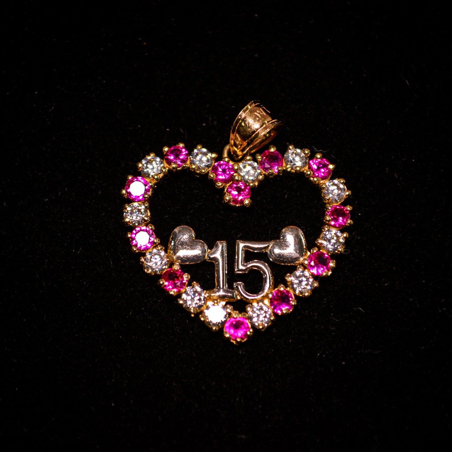 14K Gold “15” Heart Pendant with Pink & White CZ Stones -D202