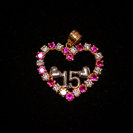 14K Gold “15” Heart Pendant with Pink & White CZ Stones -D202