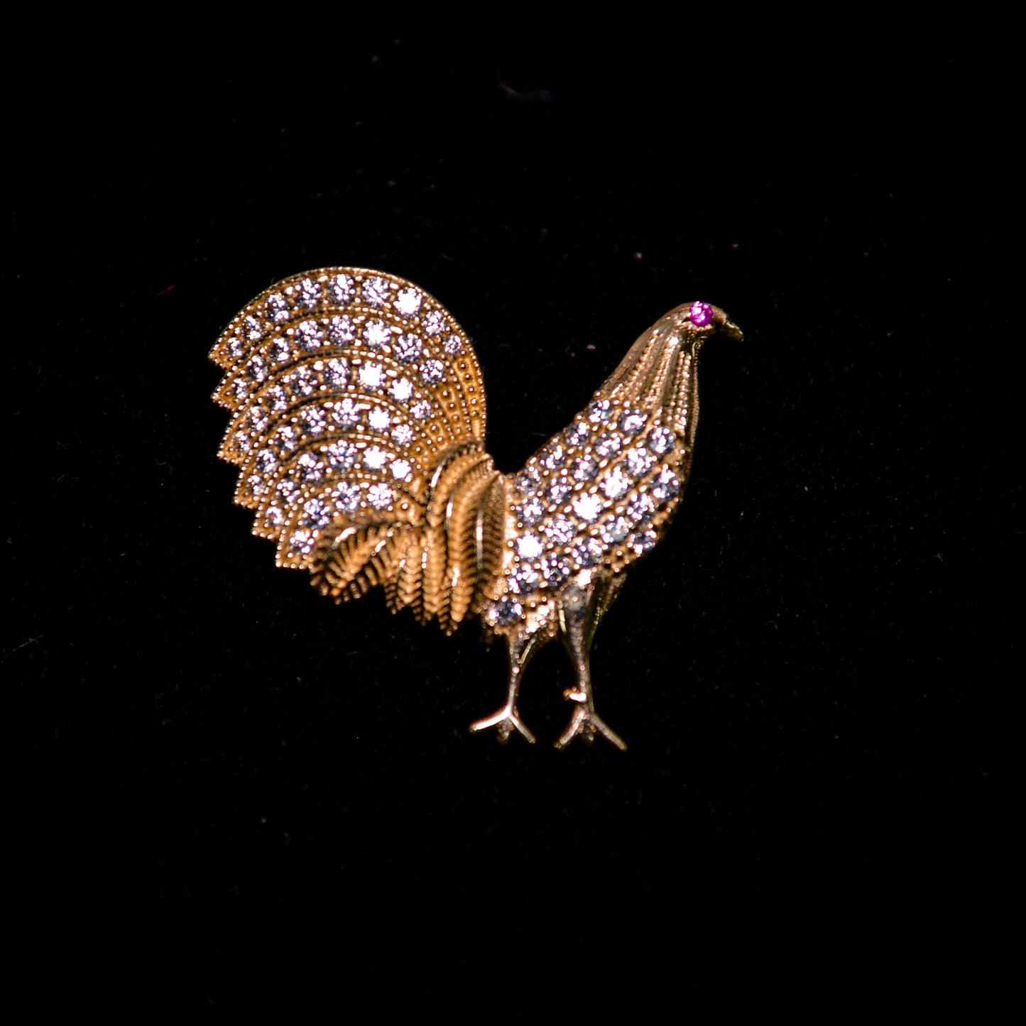 14K Gold Rooster Pendant with CZ Stones & Ruby color Accent-D84