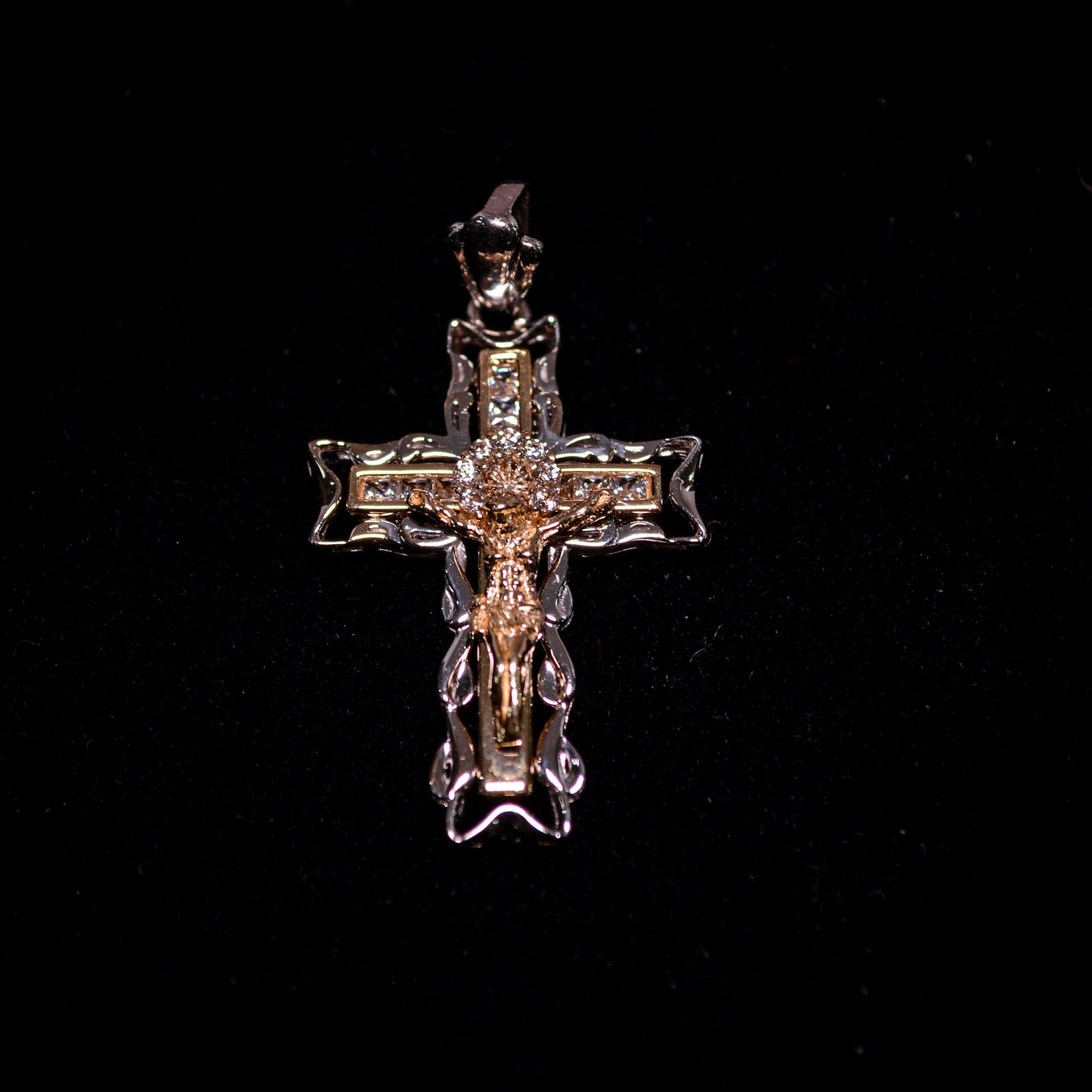 14K Two-Tone Gold Crucifix Pendant with CZ Accents-D221