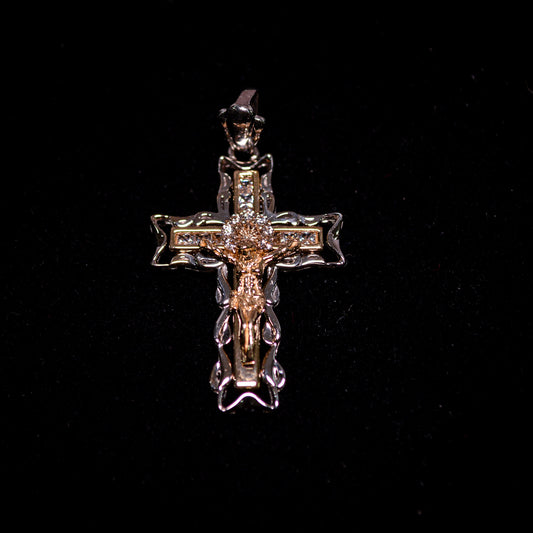 14K Two-Tone Gold Crucifix Pendant with CZ Accents-D221