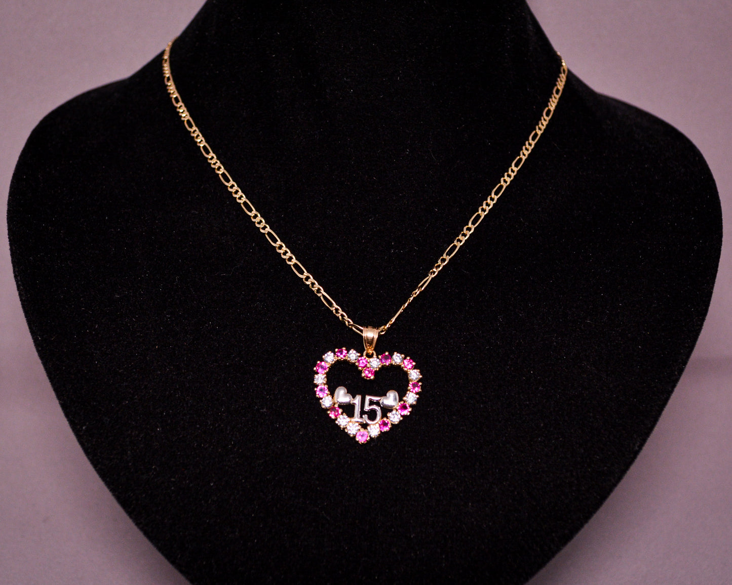 14K Gold “15” Heart Pendant with Pink & White CZ Stones -D202