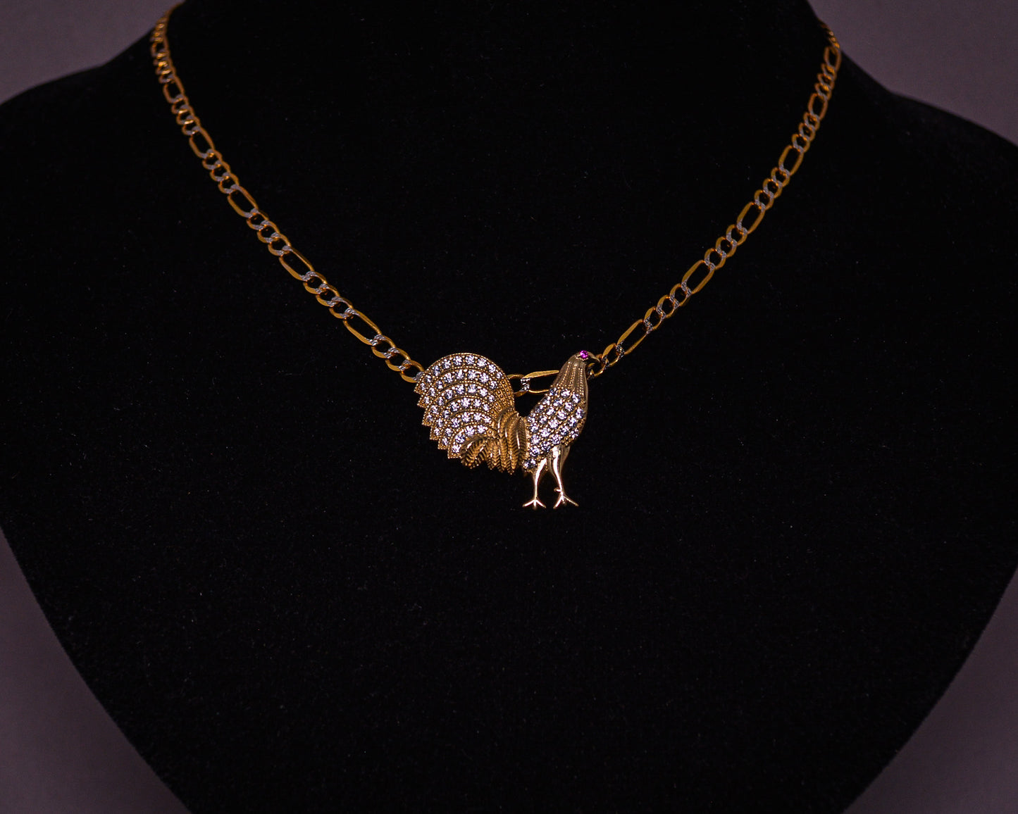 14K Gold Rooster Pendant with CZ Stones & Ruby color Accent-D84