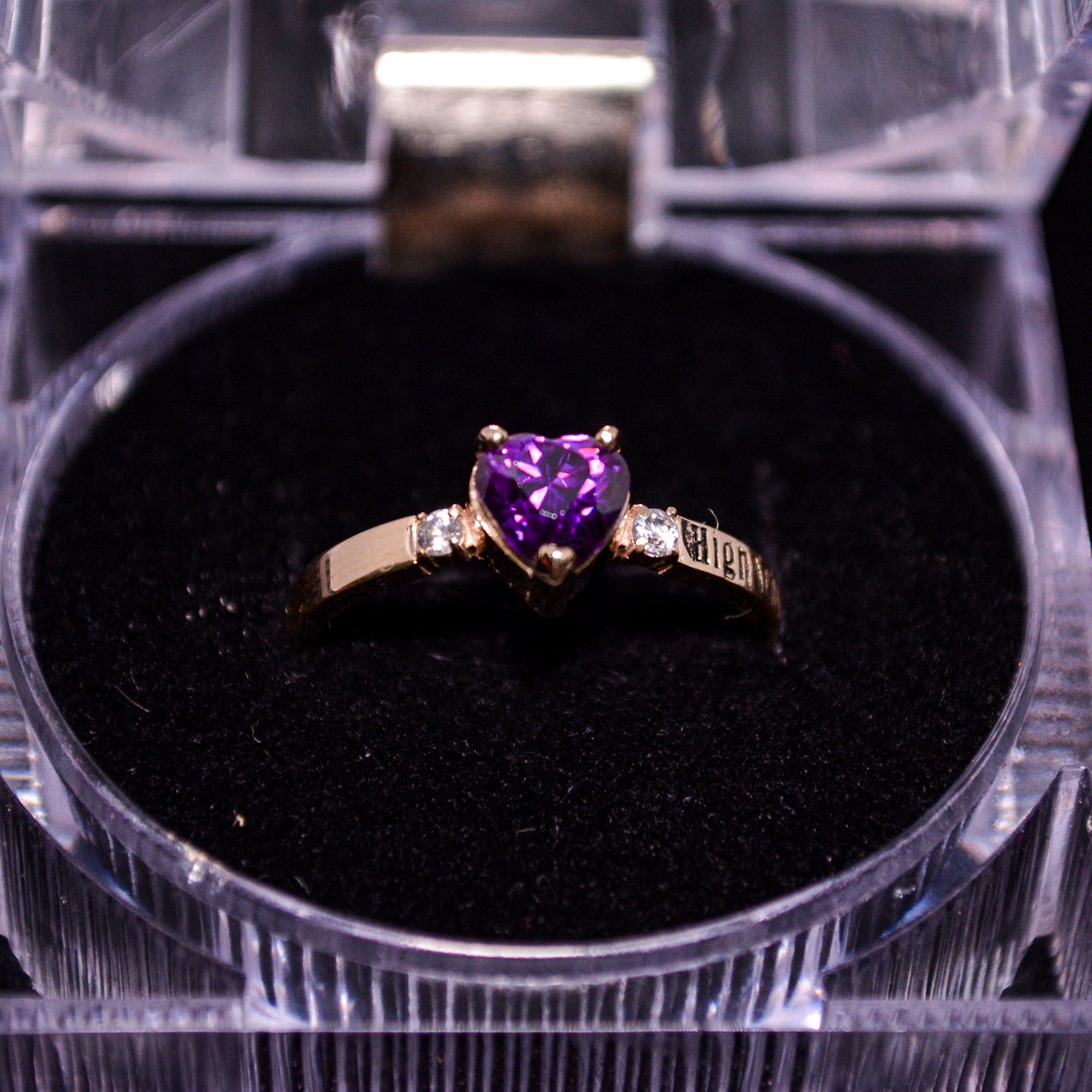 14K Gold Graduation Heart Ring with Purple CZ & Side Stones – Size 7 – A276