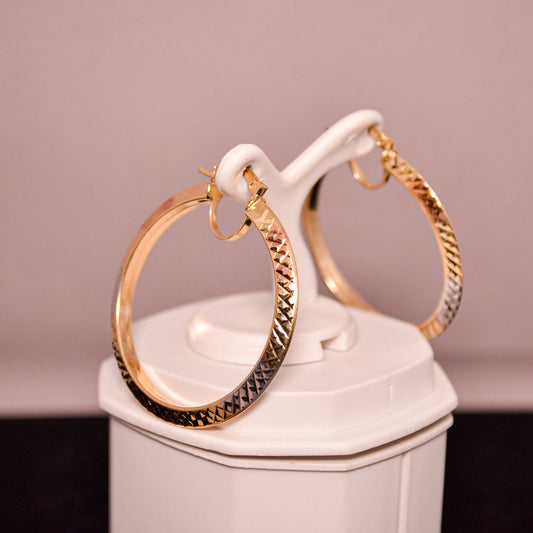14K Gold Hoop Earrings – Textured Multi-Tone Design – A343