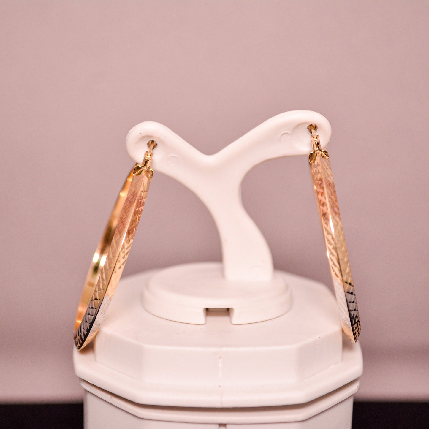 14K Gold Hoop Earrings – Textured Multi-Tone Design – A343