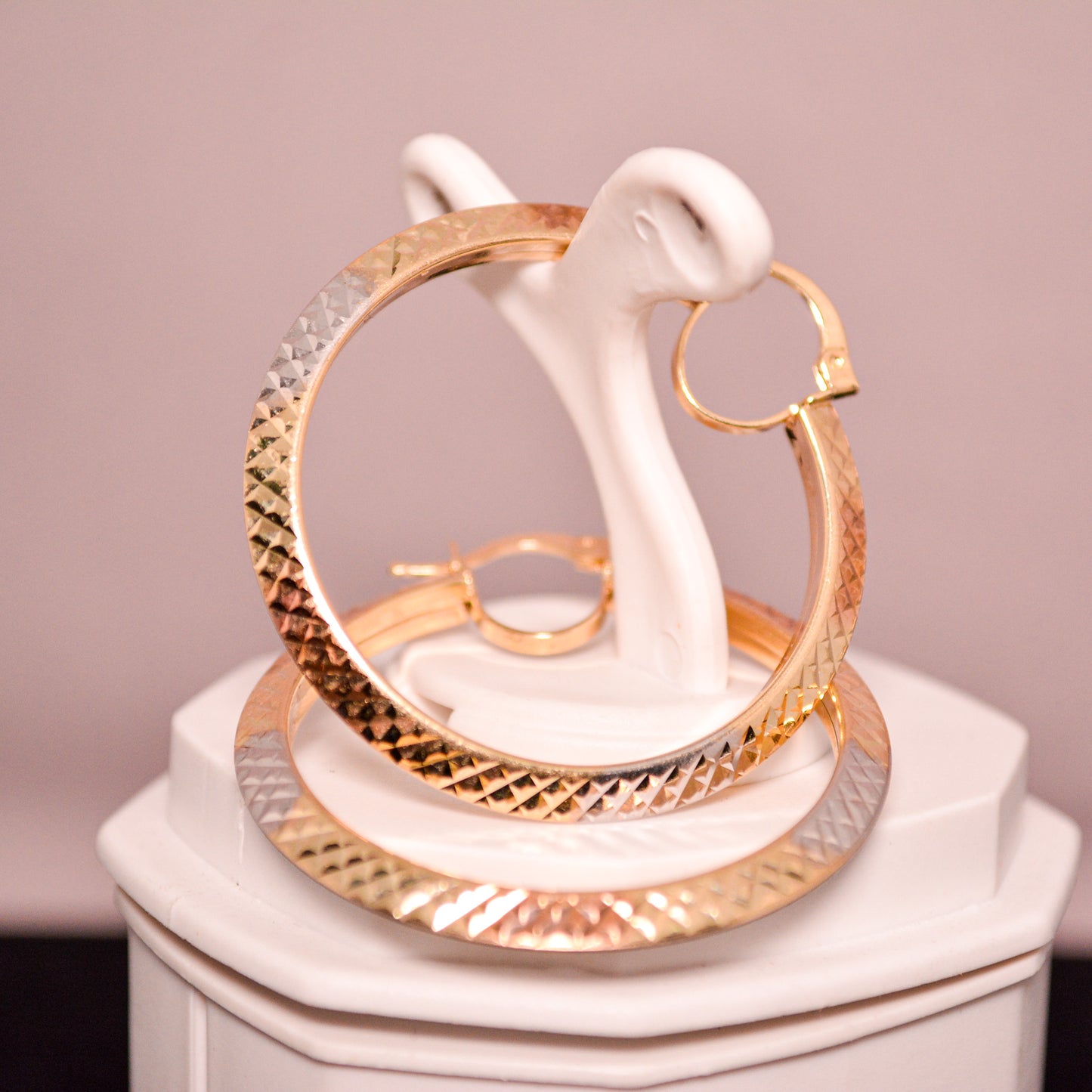14K Gold Hoop Earrings – Textured Multi-Tone Design – A343