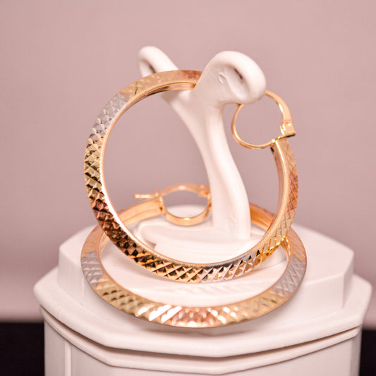 14K Gold Hoop Earrings – Textured Multi-Tone Design – A343