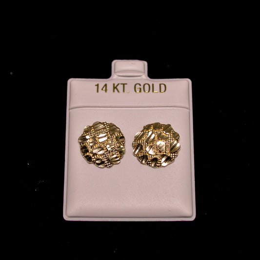 14K Gold Nugget Texture Round Stud Earrings – A494 (2.5g)
