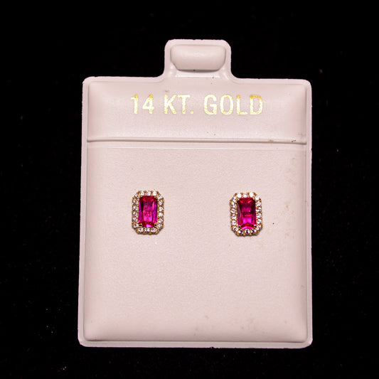 14K Gold Rectangular Pink Stone Stud Earrings with CZ Halo – AY82