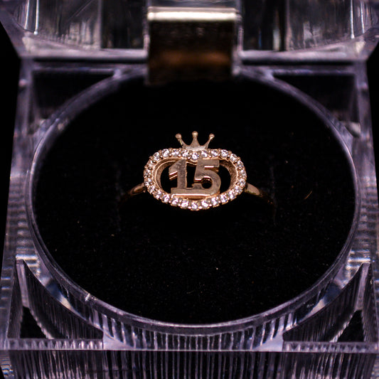 14K Gold “15” Crown CZ Ring – Size __ (2.3g) – A293