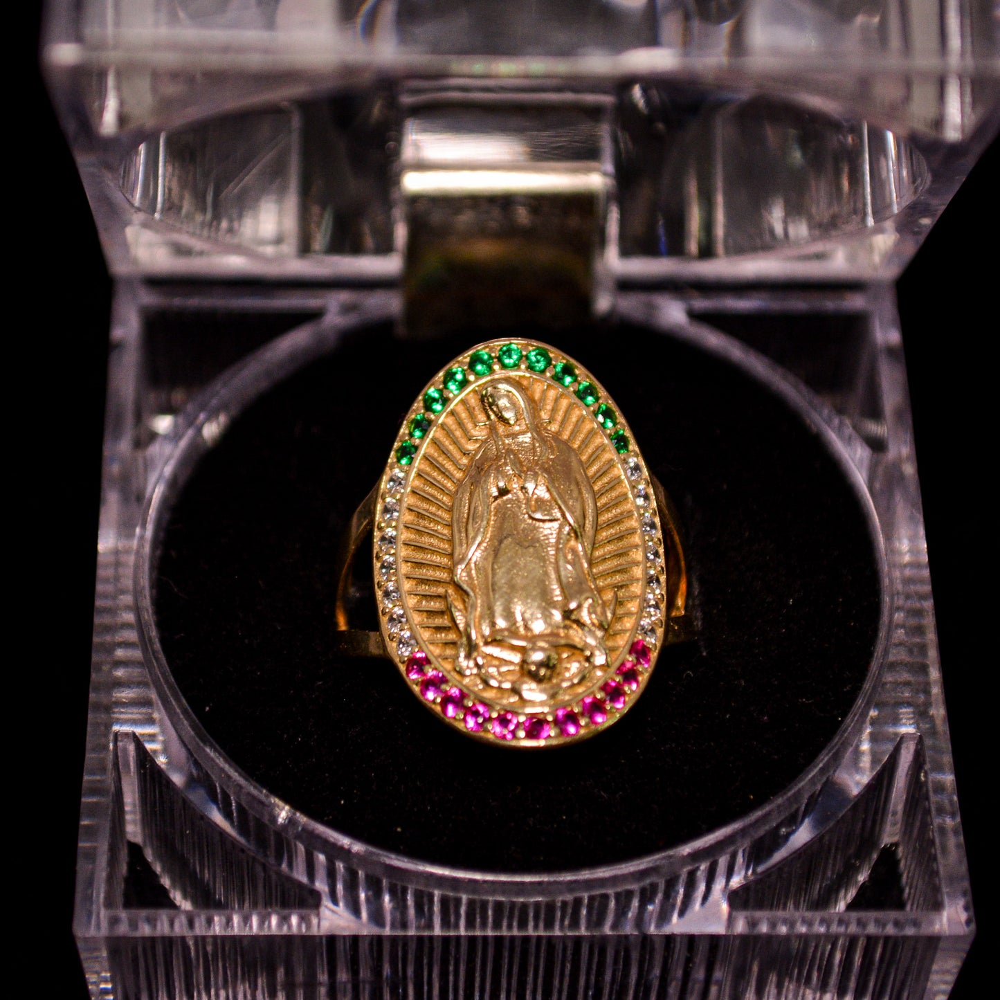 14K Gold Virgin Mary Oval Ring with Multicolor CZ Halo – Size 8 (4.55g) – A02
