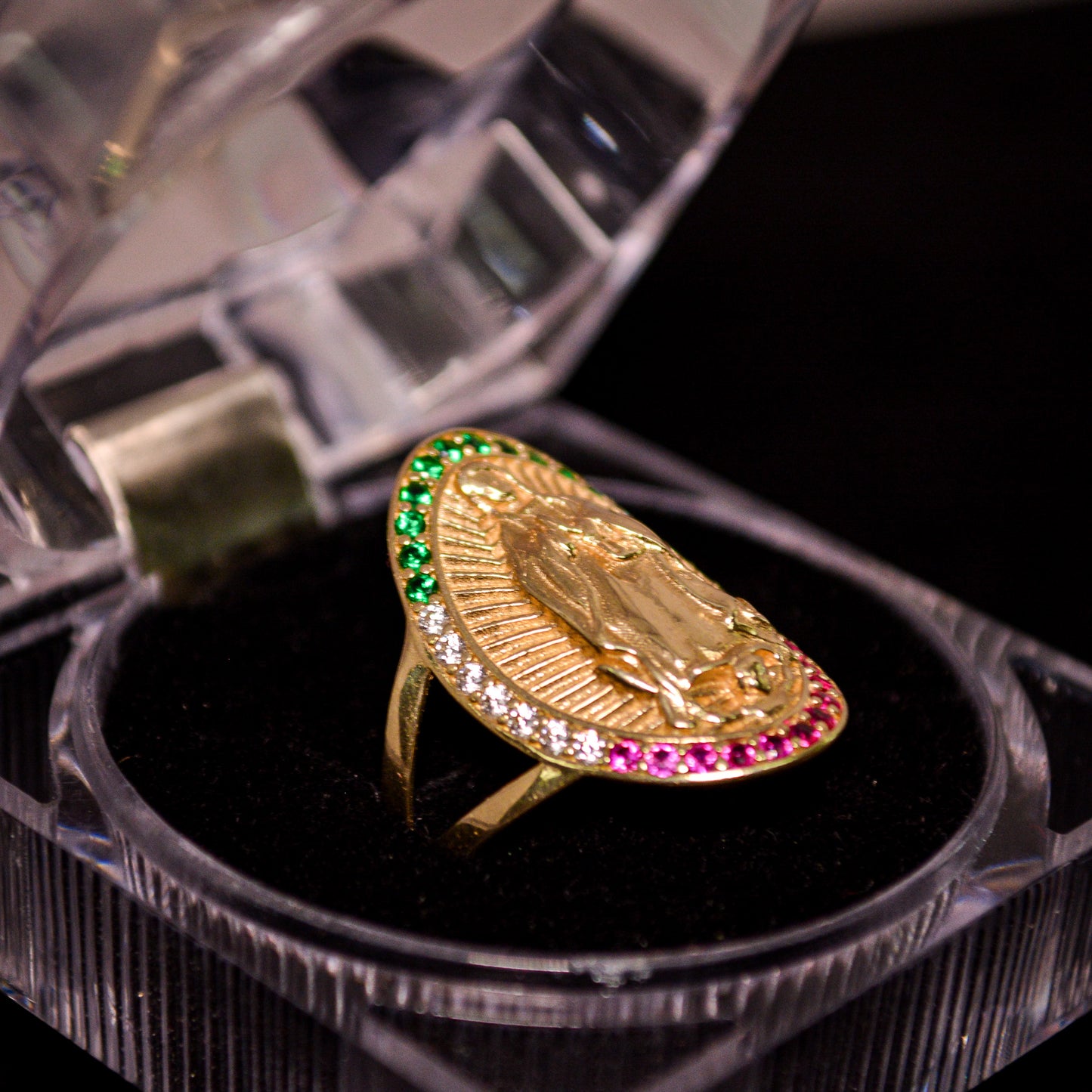 14K Gold Virgin Mary Oval Ring with Multicolor CZ Halo – Size 8 (4.55g) – A02