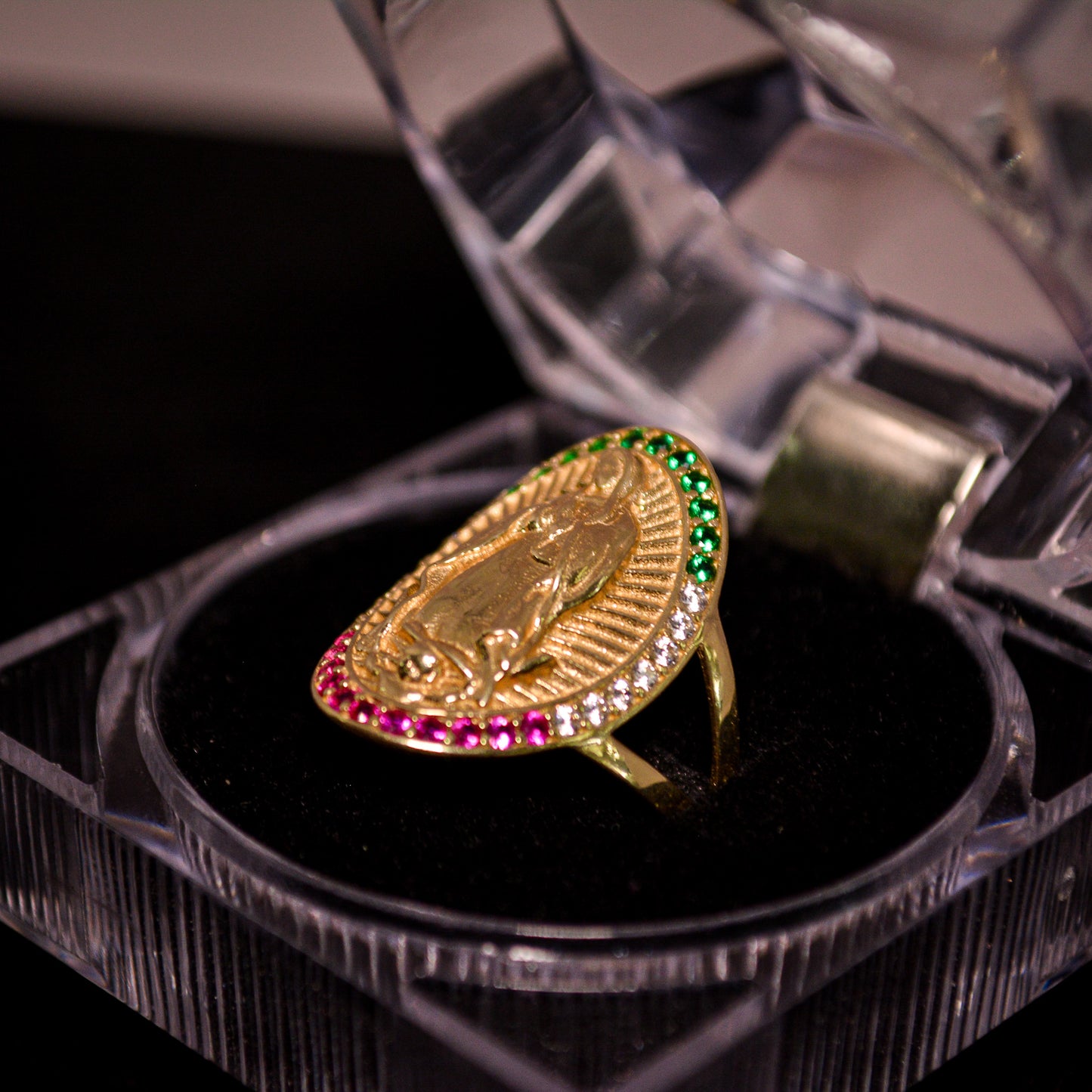 14K Gold Virgin Mary Oval Ring with Multicolor CZ Halo – Size 8 (4.55g) – A02