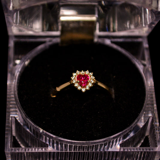 14K Gold Heart Red Stone Ring with CZ Halo – Size 7.5 (1.7g) – A285