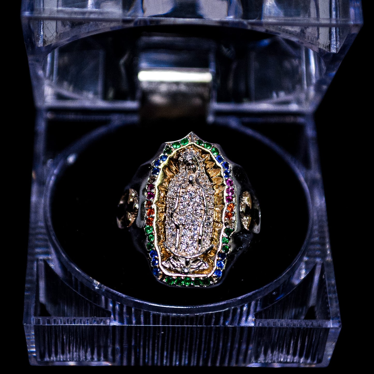 Silver Virgin Mary Multicolor Statement Ring – Size 9.5 (A17)