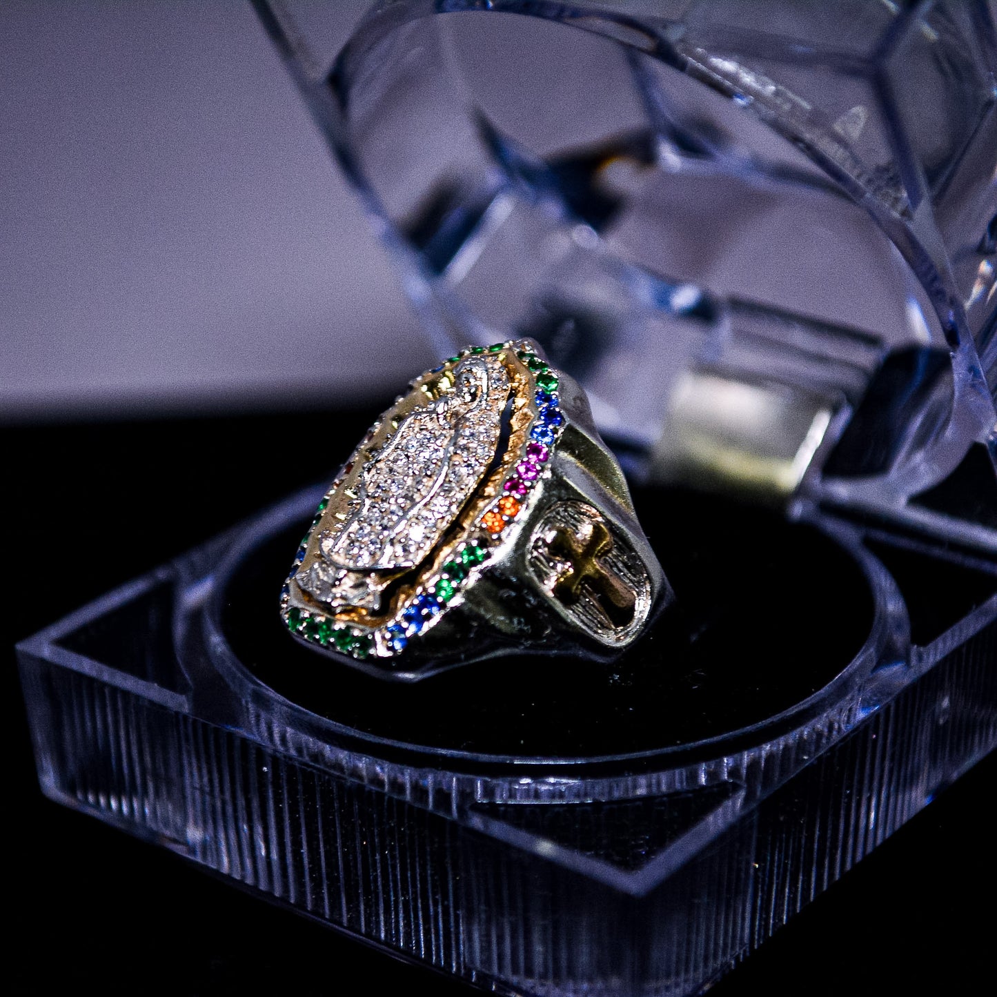 Silver Virgin Mary Multicolor Statement Ring – Size 9.5 (A17)
