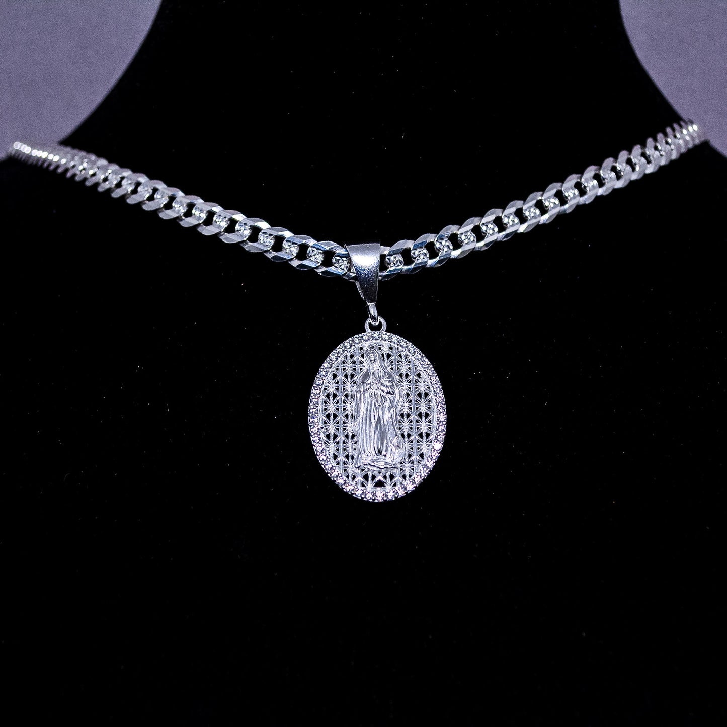 Silver Virgin Mary CZ Medallion Pendant – 5.6g | D164